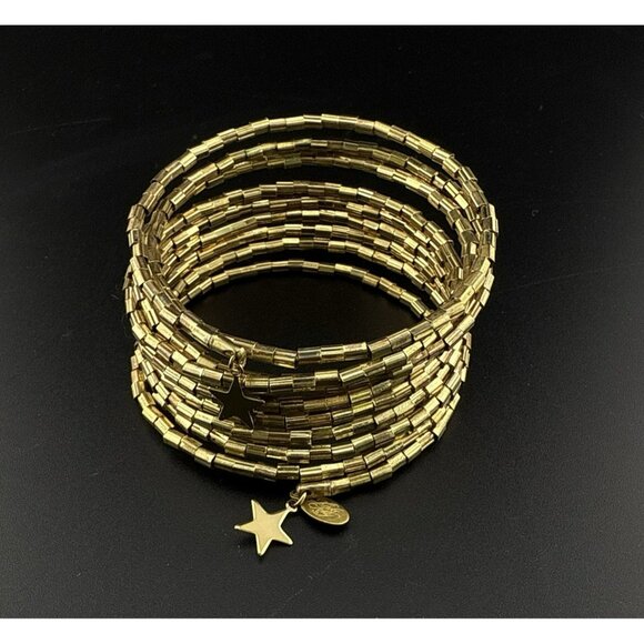 Kirks Folly Bracelet Gold Memory Wire Wrap Star Beads Beaded Signed Wide - Picture 1 of 8